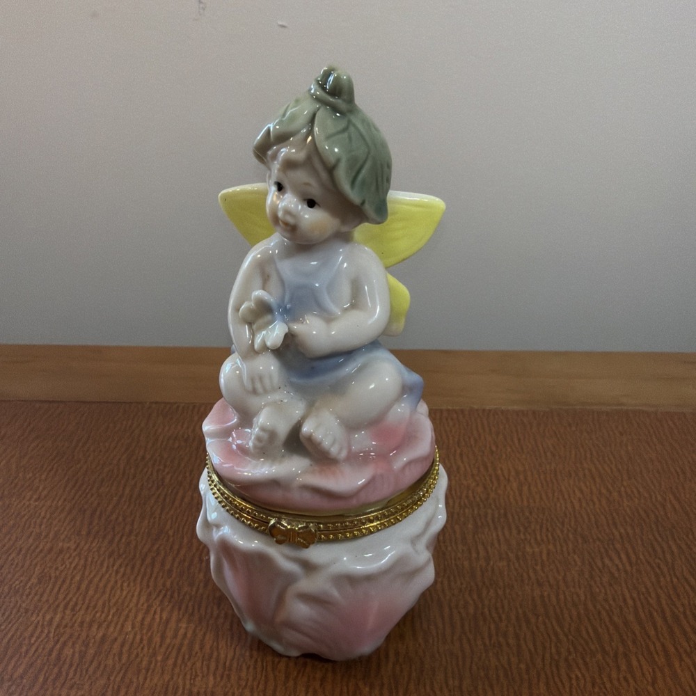 Vtg Porcelain Flower Fairy 5" Trinket Box Pink White Hinged Surprise Trinket!